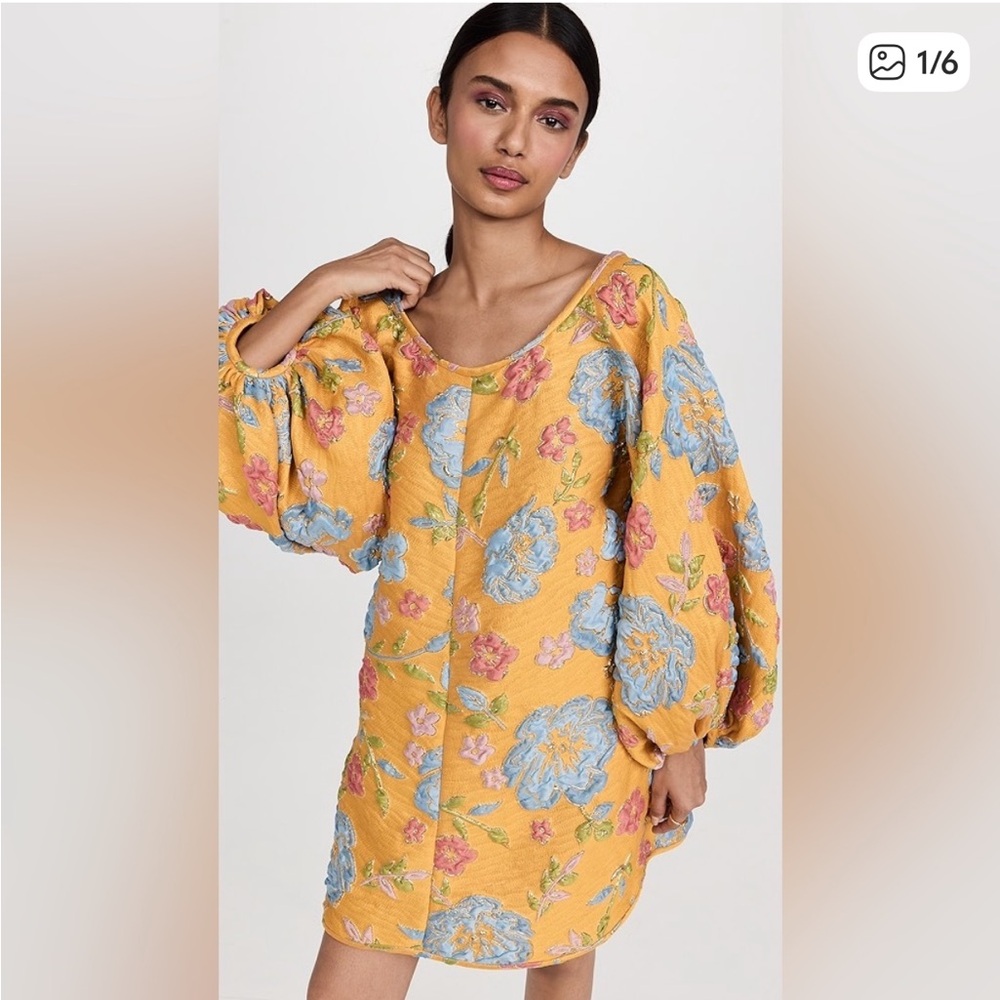 Arianne Elmy Yellow Jacquard Good Luck Dress Floral Long Sleeve Dress